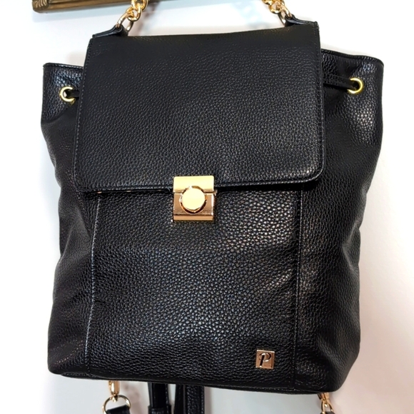 Packs Project Small Faux Black Pebbled Leather Backpack with Gold Accents. - Picture 2 of 16